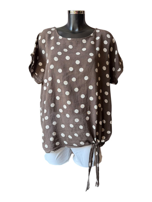 Hallie side knot short sleeve top - polka dot Chocolate