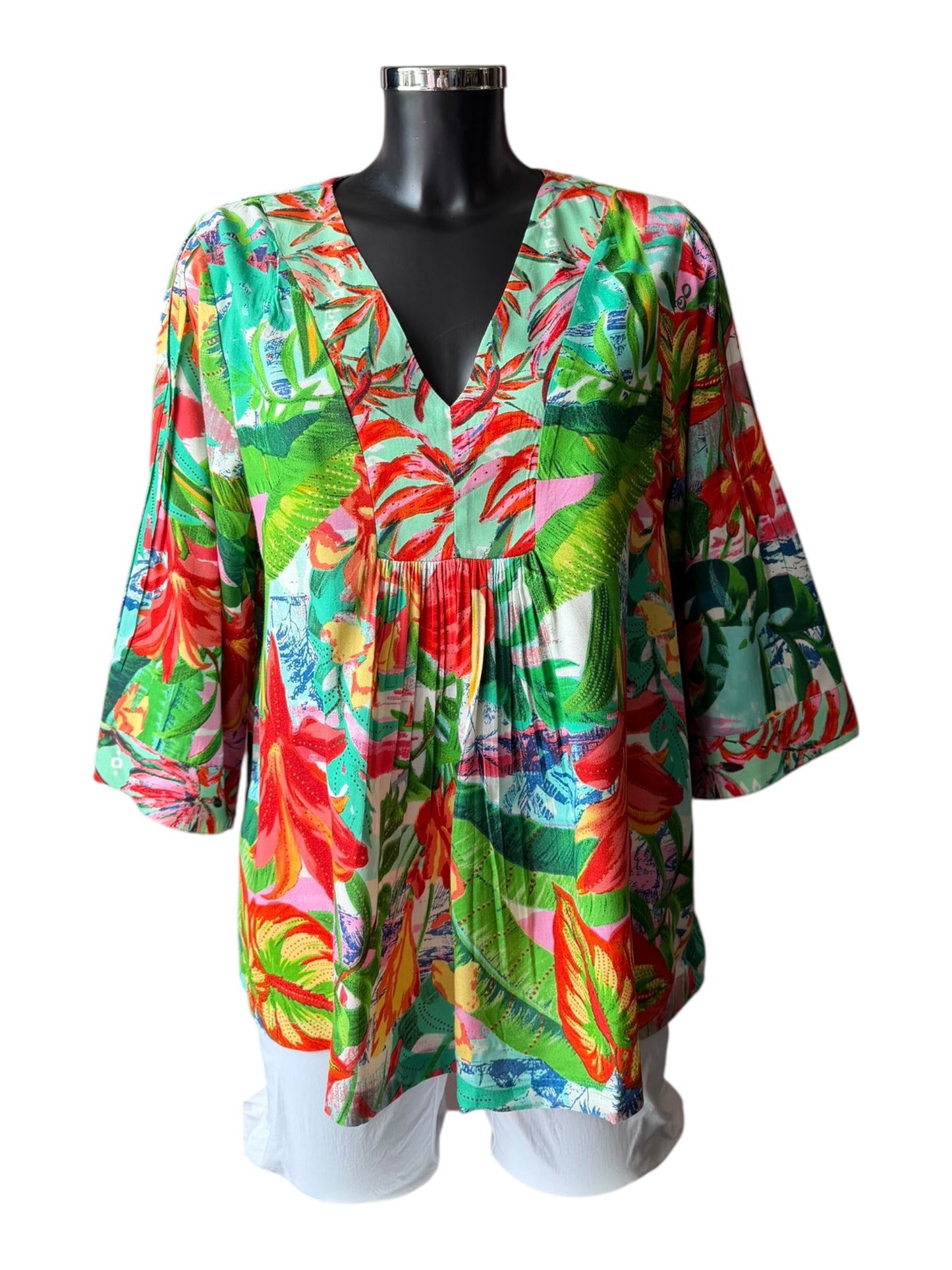 Orientique Equador print flared sleeve v neck top