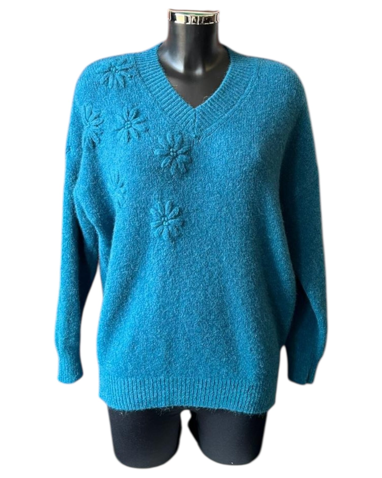 Rosey v neck appliqué flower jumper - Teal