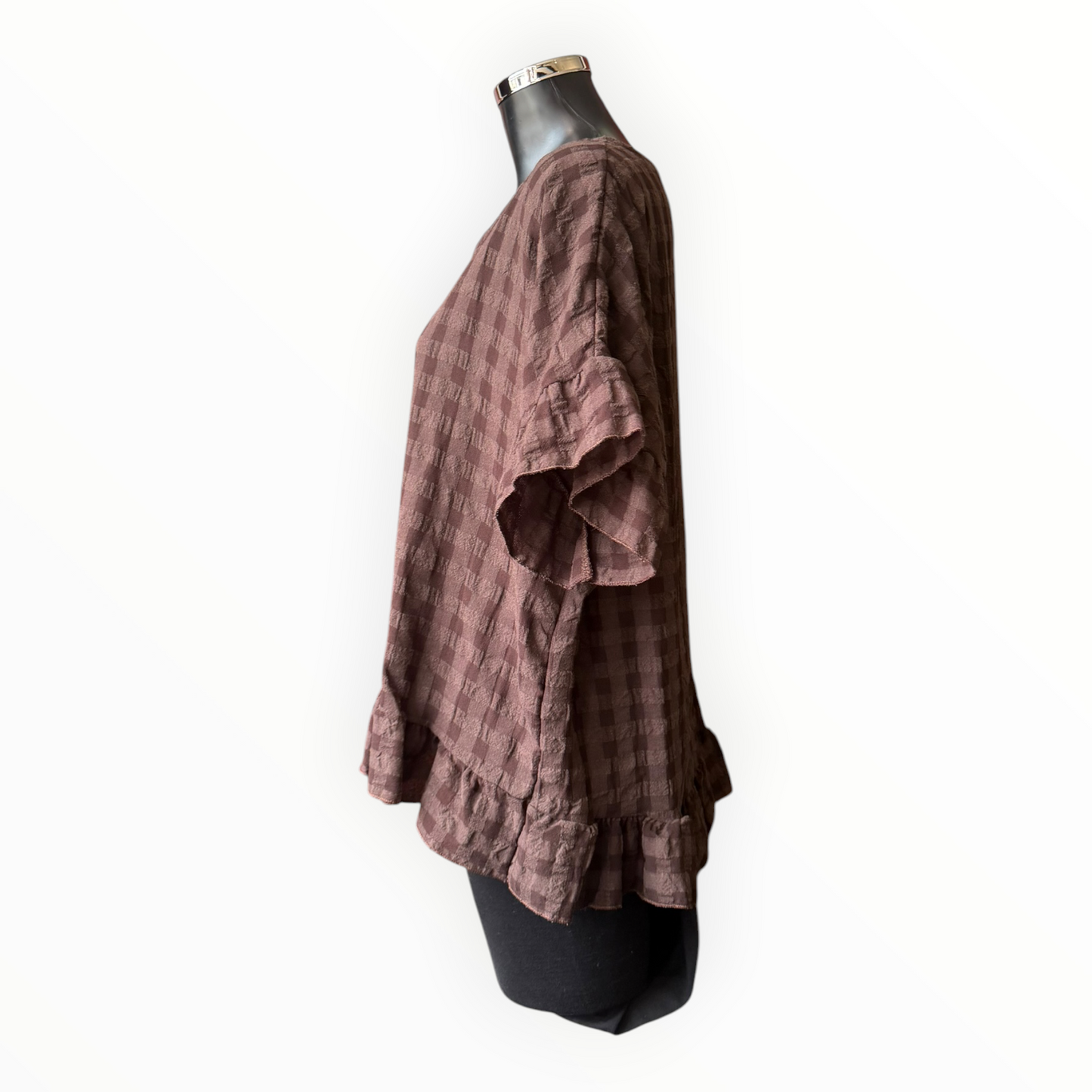 Eliza range checked frill edge top - Chocolate