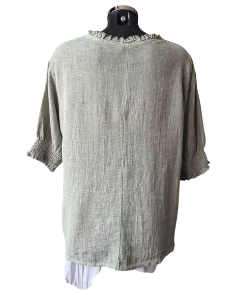 Casey range v neck shirred sleeve top - Khaki