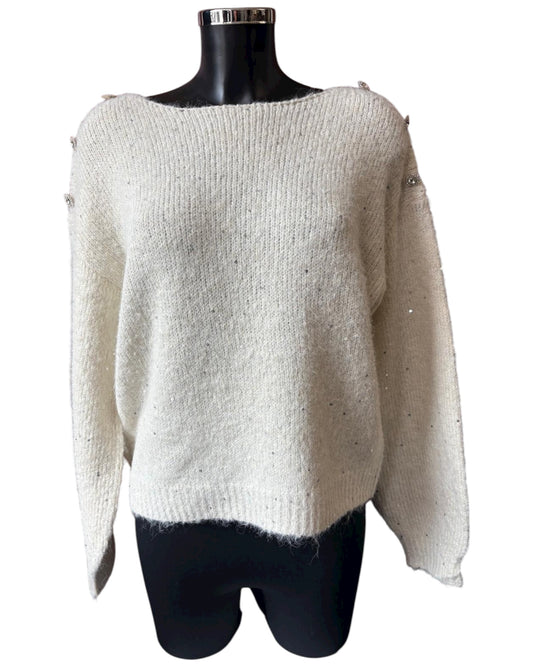 Vivienne jewelled shoulder sparkle knit jumper - Cream