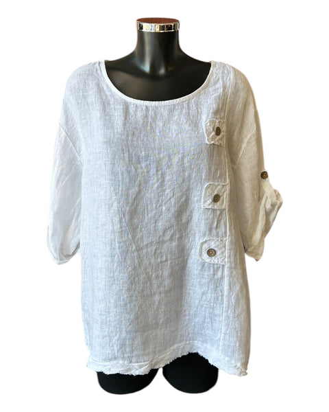 Tanya 3 button linen top - White