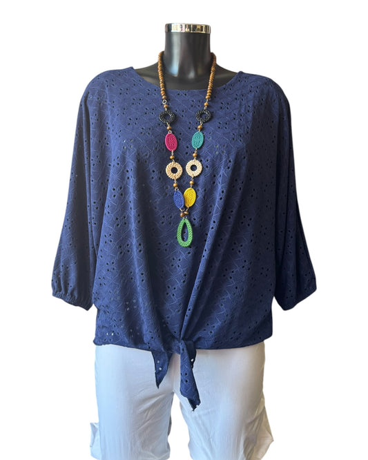 Anita tie front cutwork top - Navy