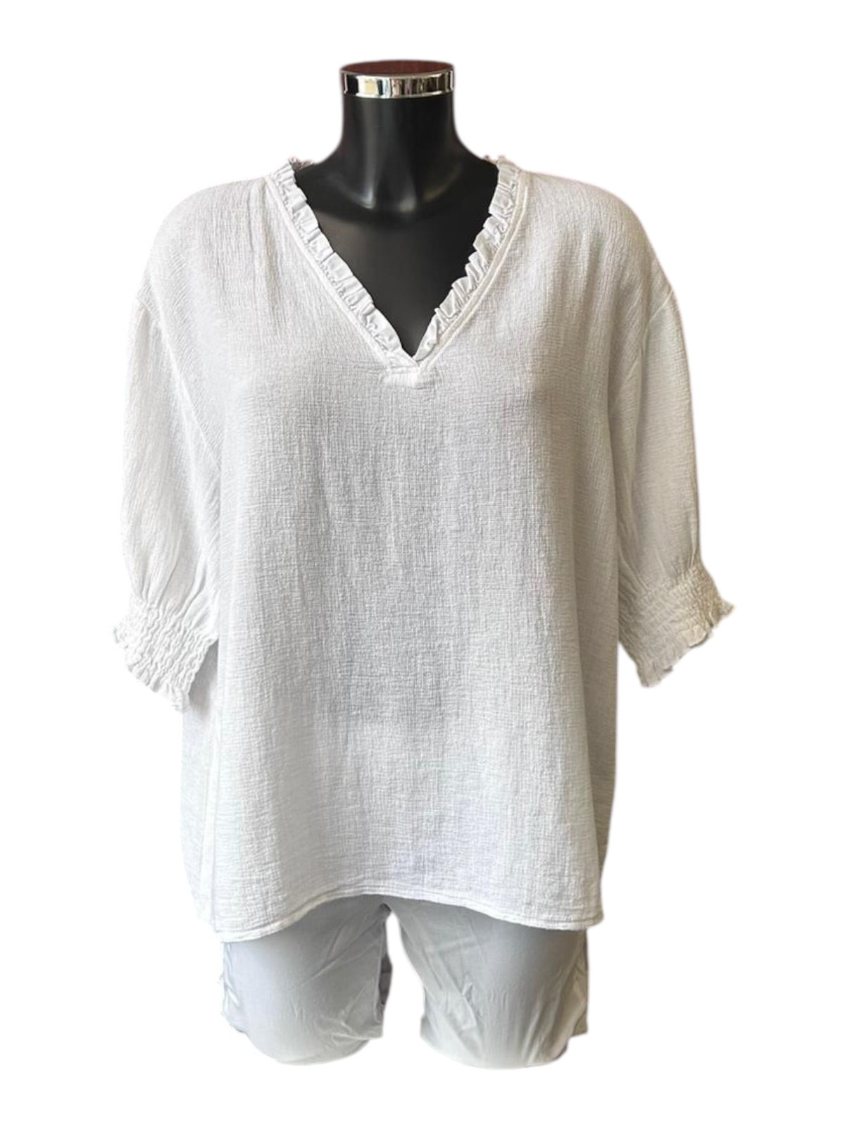Casey range frill v neck top - White