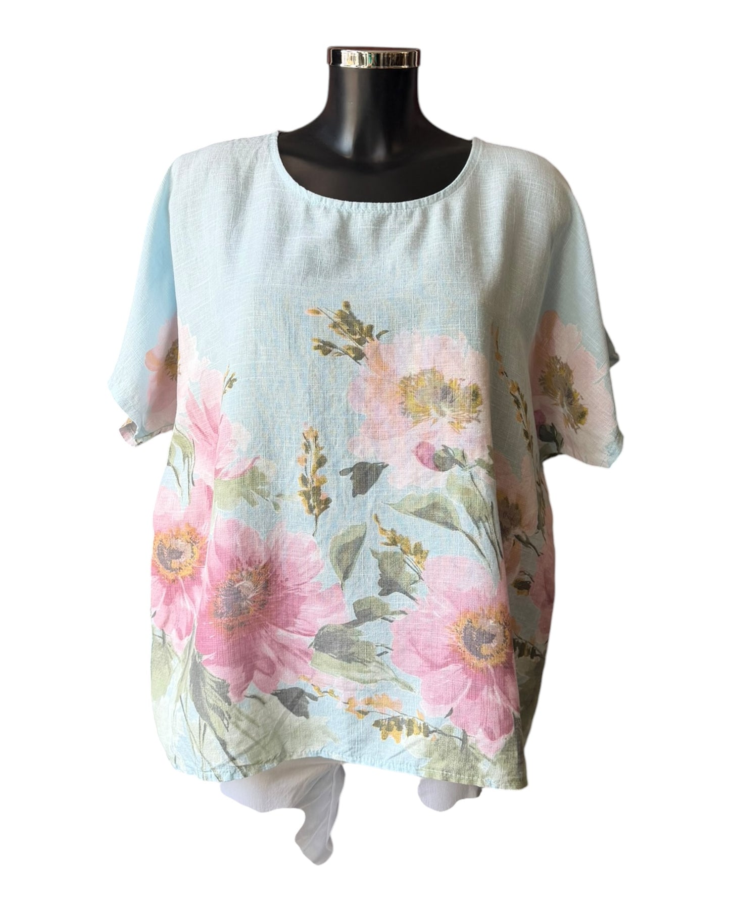 Amilla big flower linen mix top - blue