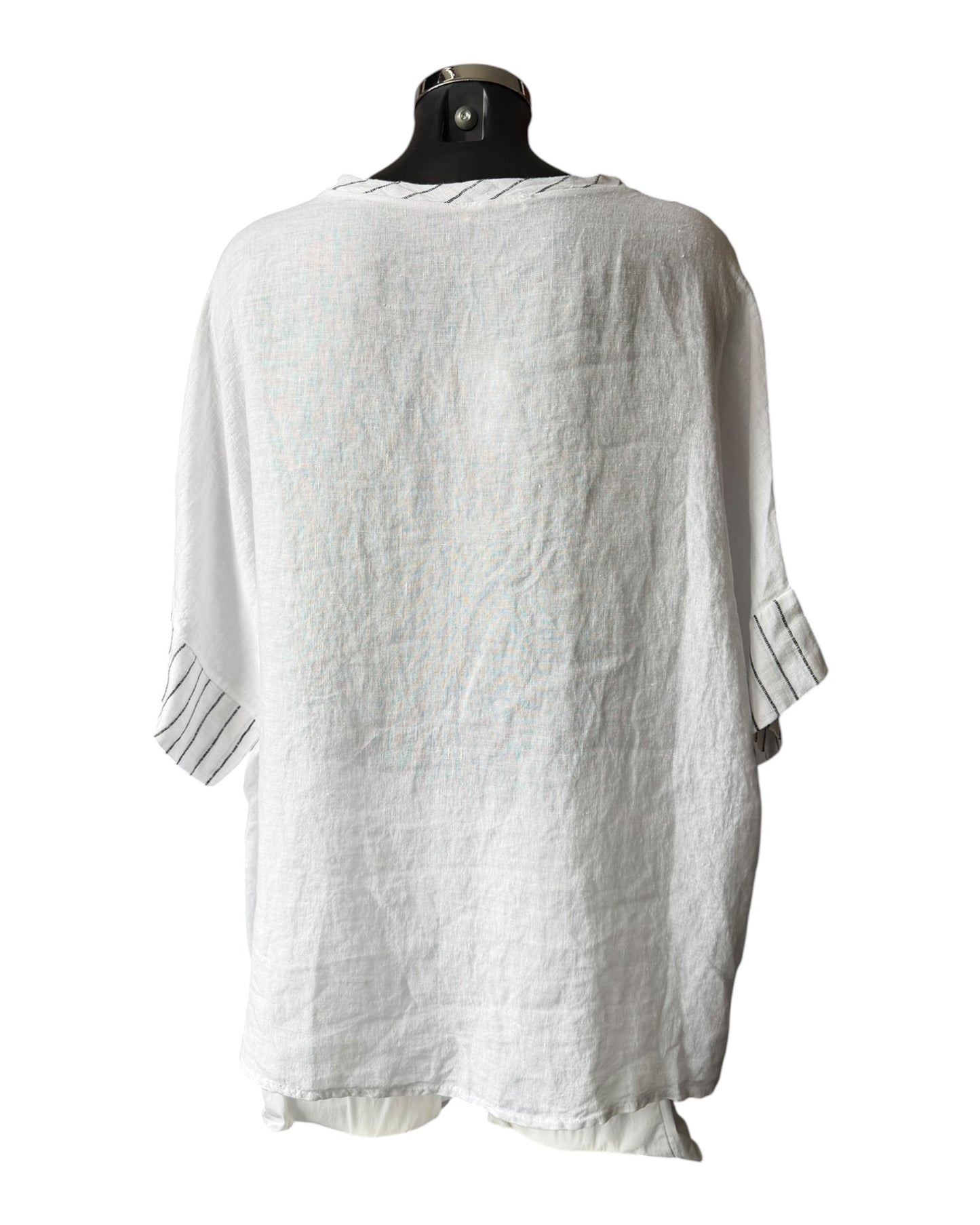 Hilda oversized striped trim linen top - White