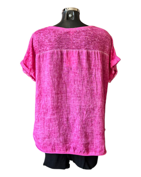 Nina linen v neck t shirt style top - Cerise