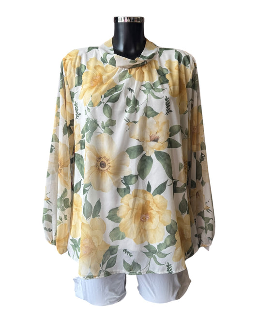 Eva floral high neck tie back top - Lemon mix