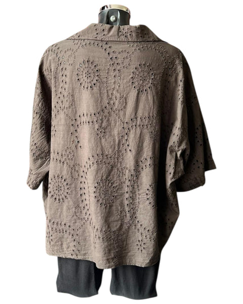 Natasha cutwork collared top - Chocolate