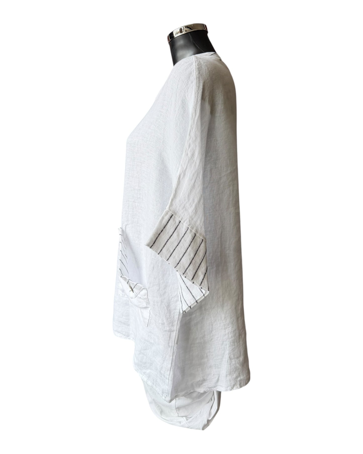 Hilda oversized striped trim linen top - White