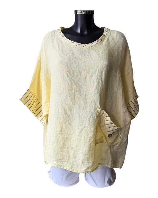 Hilda oversized striped trim linen top - Lemon