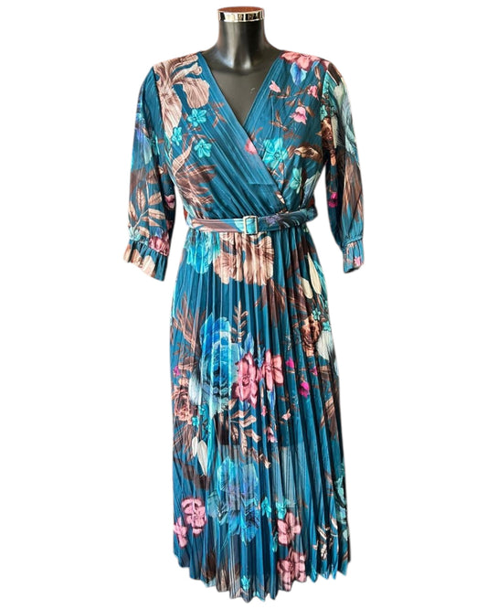 Pandora floral cross over pleated dress - Teal Mix