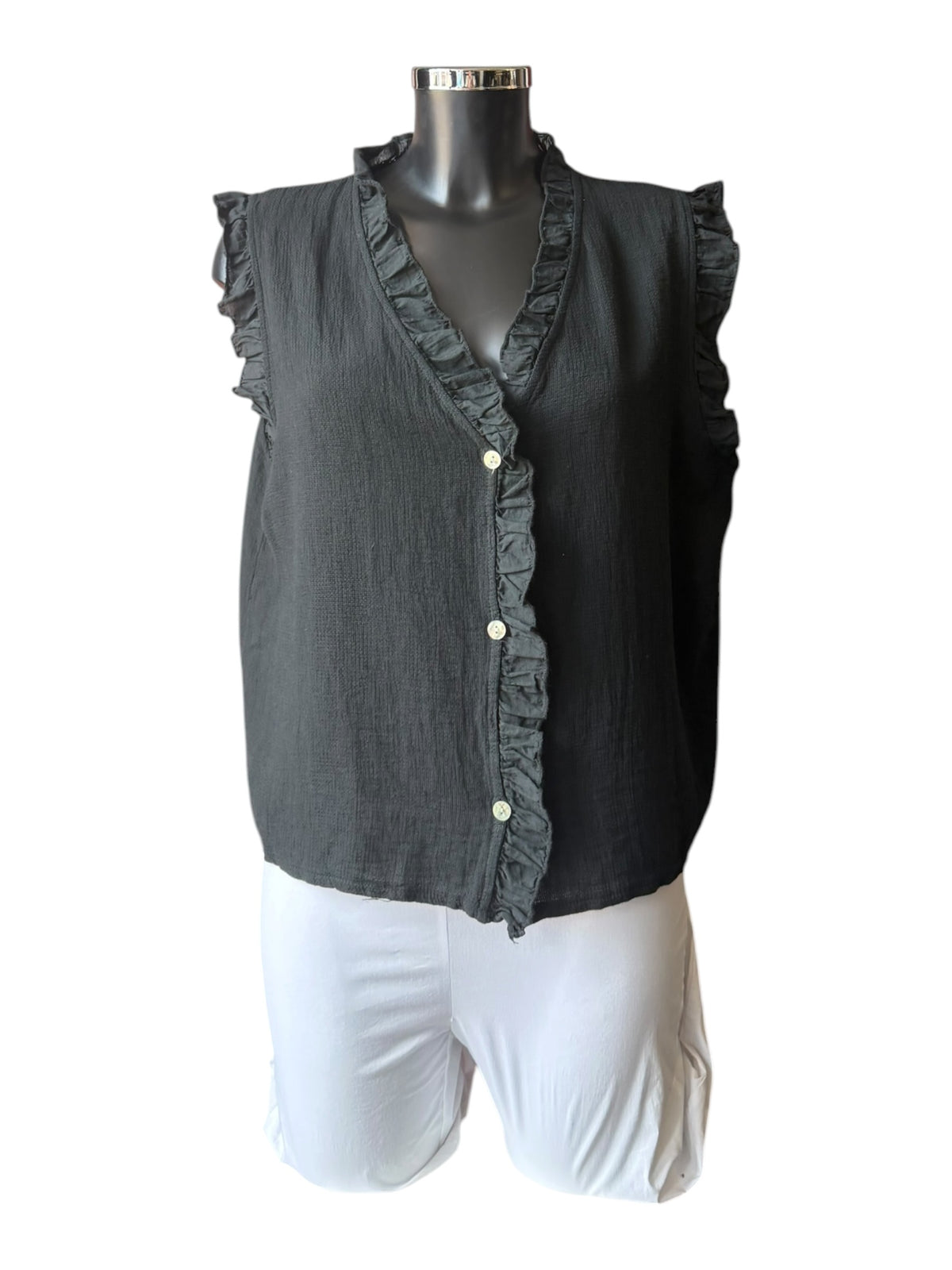 Casey range frill trim waistcoat top - Black