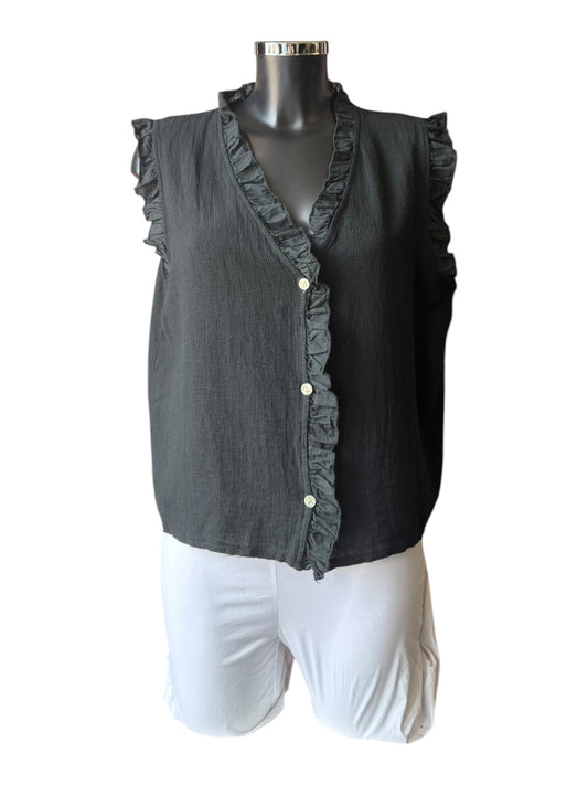 Casey range frill trim waistcoat top - Black