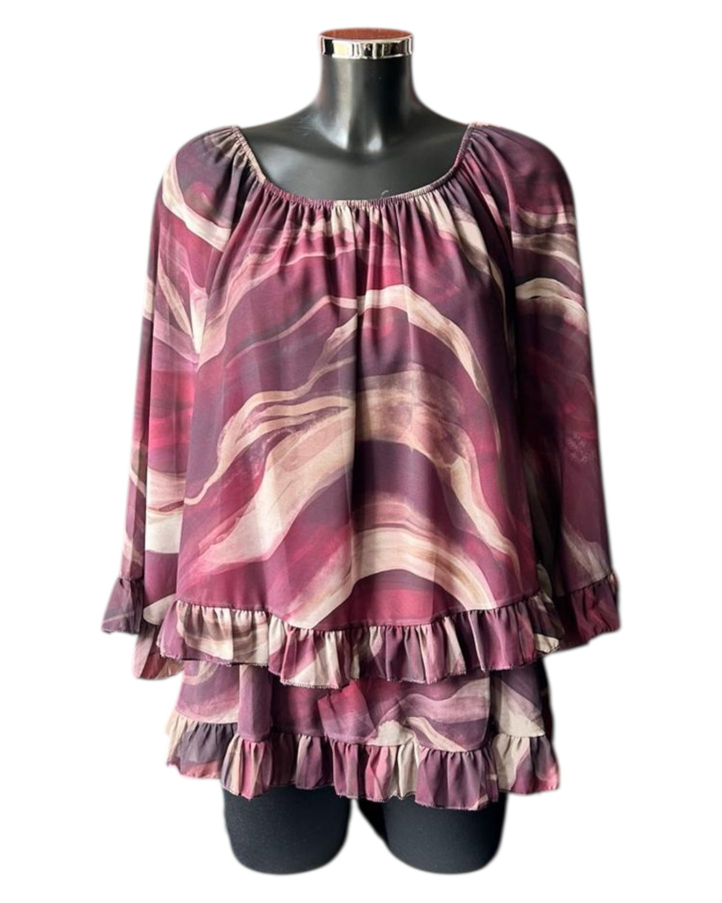 Lara marble print frill edge blouse - Bordeaux