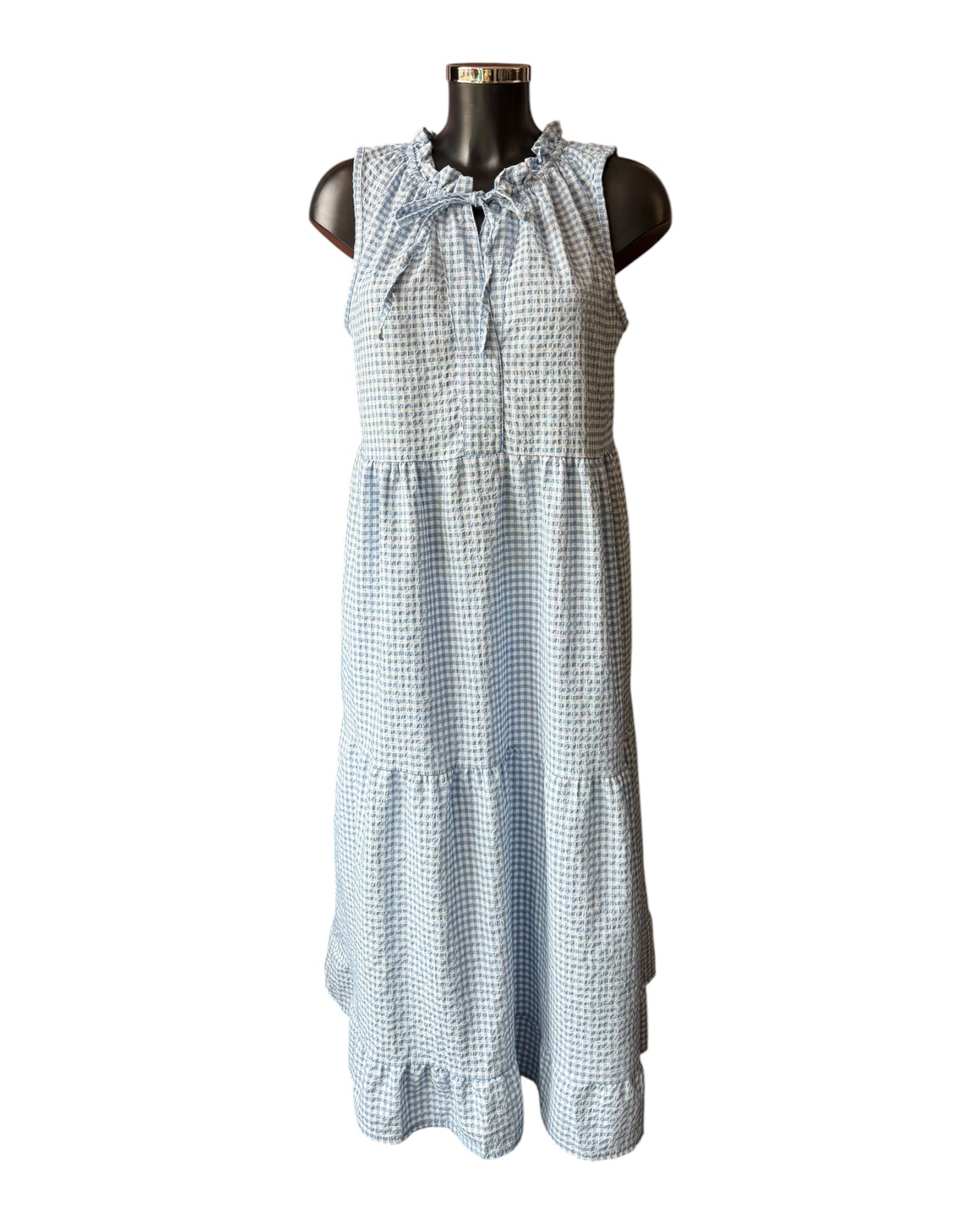 Gia gingham check tie neck dress - blue