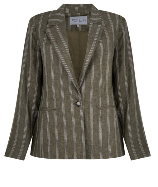 Foil blazing saddles linen blazer in bay leaf linear