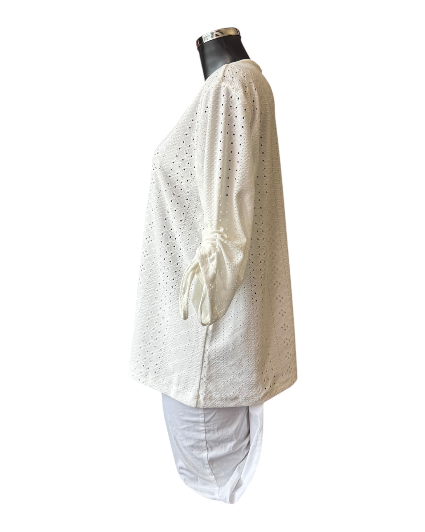 Emma v neck cutwork rouched sleeve top - Ivory