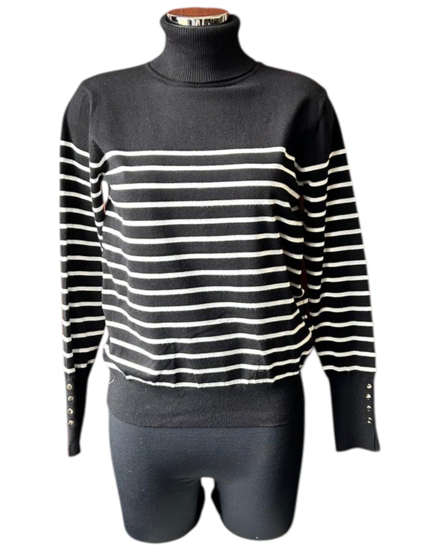 Zara fine knit stripe polo neck - black