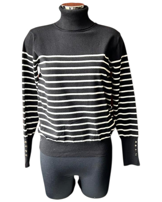 Zara fine knit stripe polo neck - black