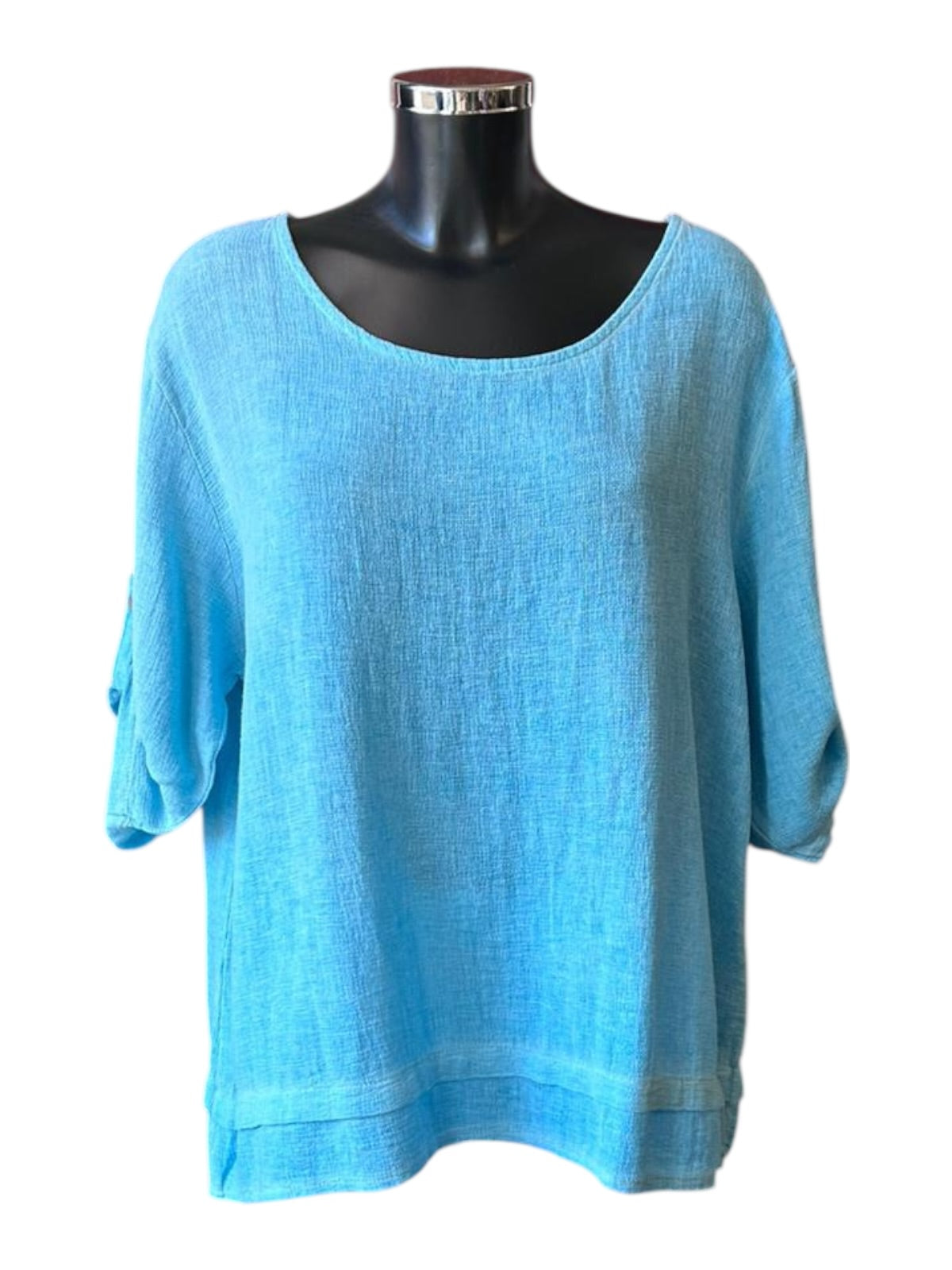 Casey range button sleeve layered hem top - Aqua