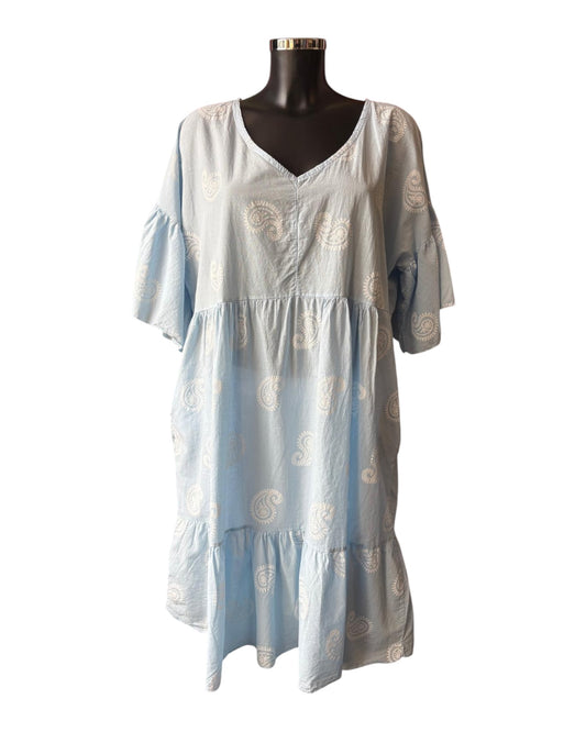 Dora paisley smock cotton tunic dress - pale blue