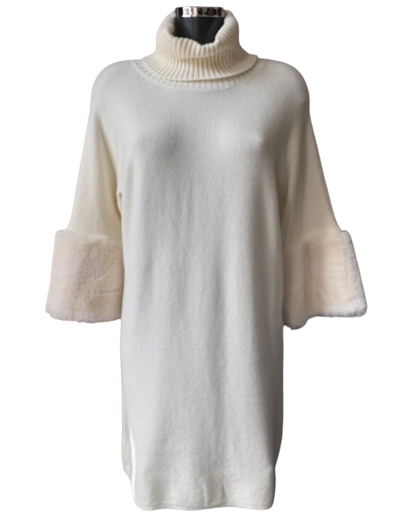 Stacey knitted fur cuff jumper dress - Ivory
