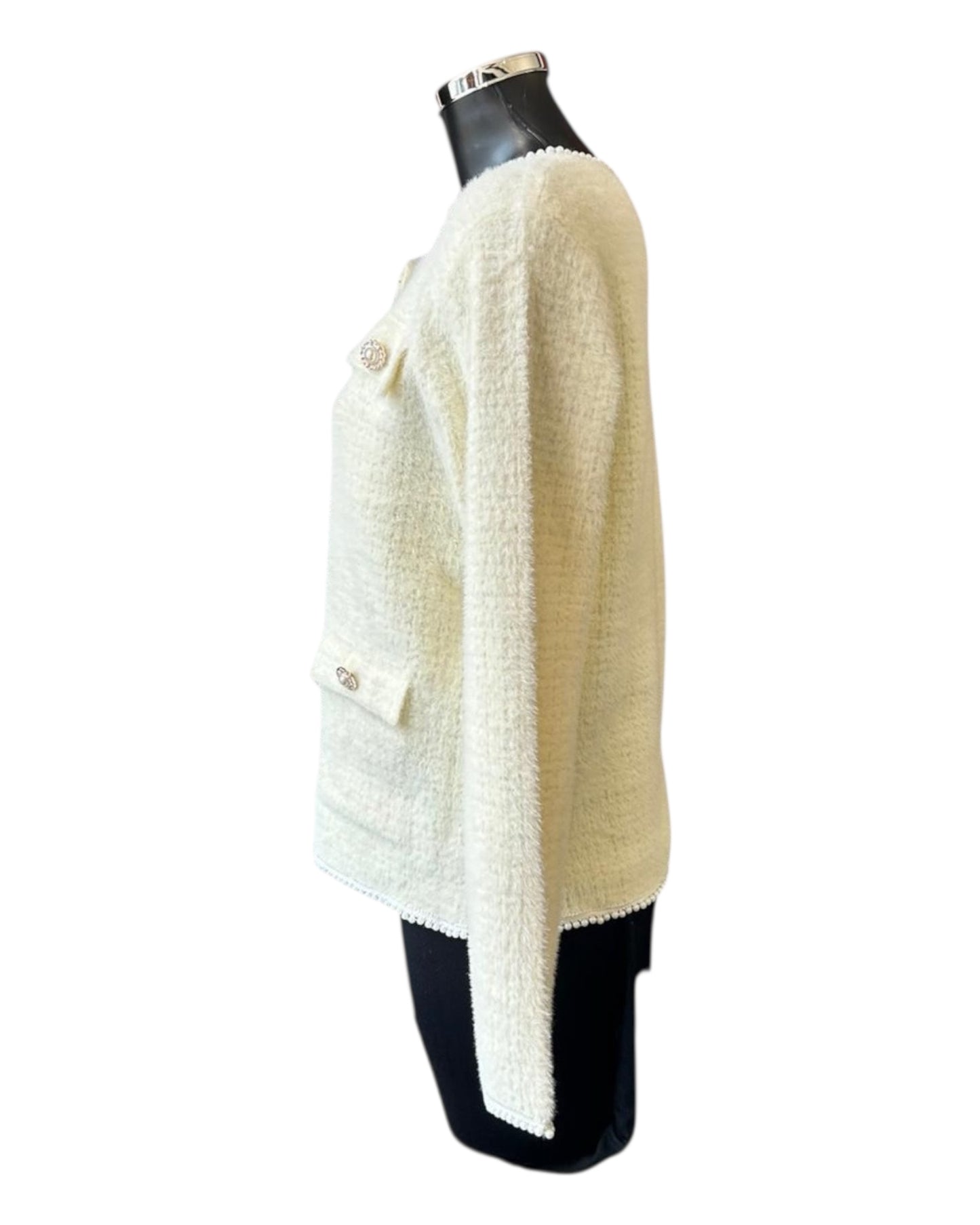 Chantelle pearl detail fluffy knit cardigan - Cream