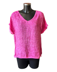 Nina linen v neck t shirt style top - Cerise