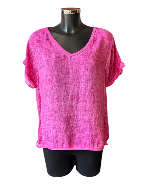 Nina linen v neck t shirt style top - Cerise
