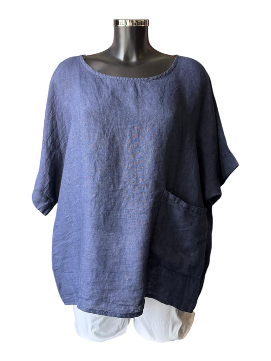 Daisy linen button back pocket top - Navy