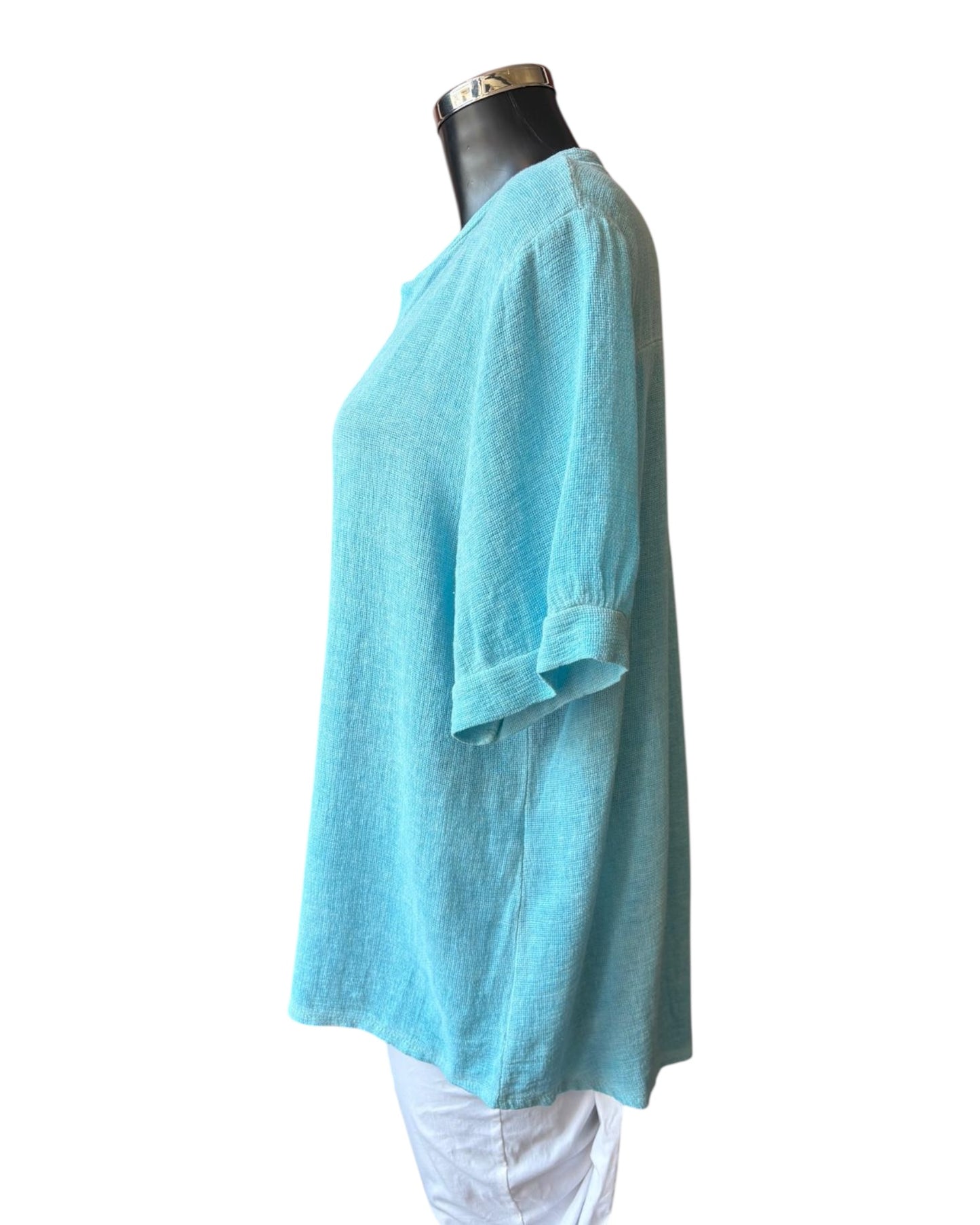 Casey range grandad neck button through top - Aqua
