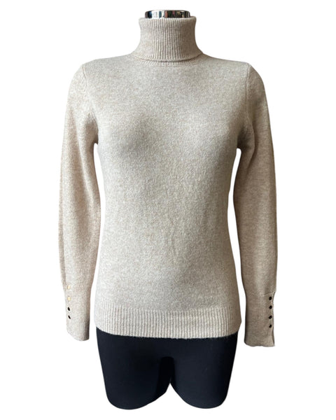 Gia soft knit button cuff polo neck - beige