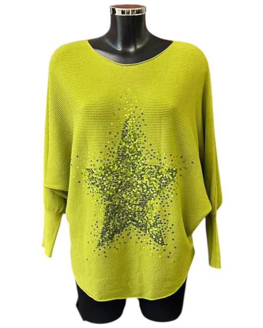 Pippa sparkle star batwing jumper - Lime