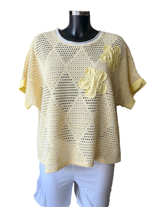 Megan open knit applique flower knitted top - Lemon