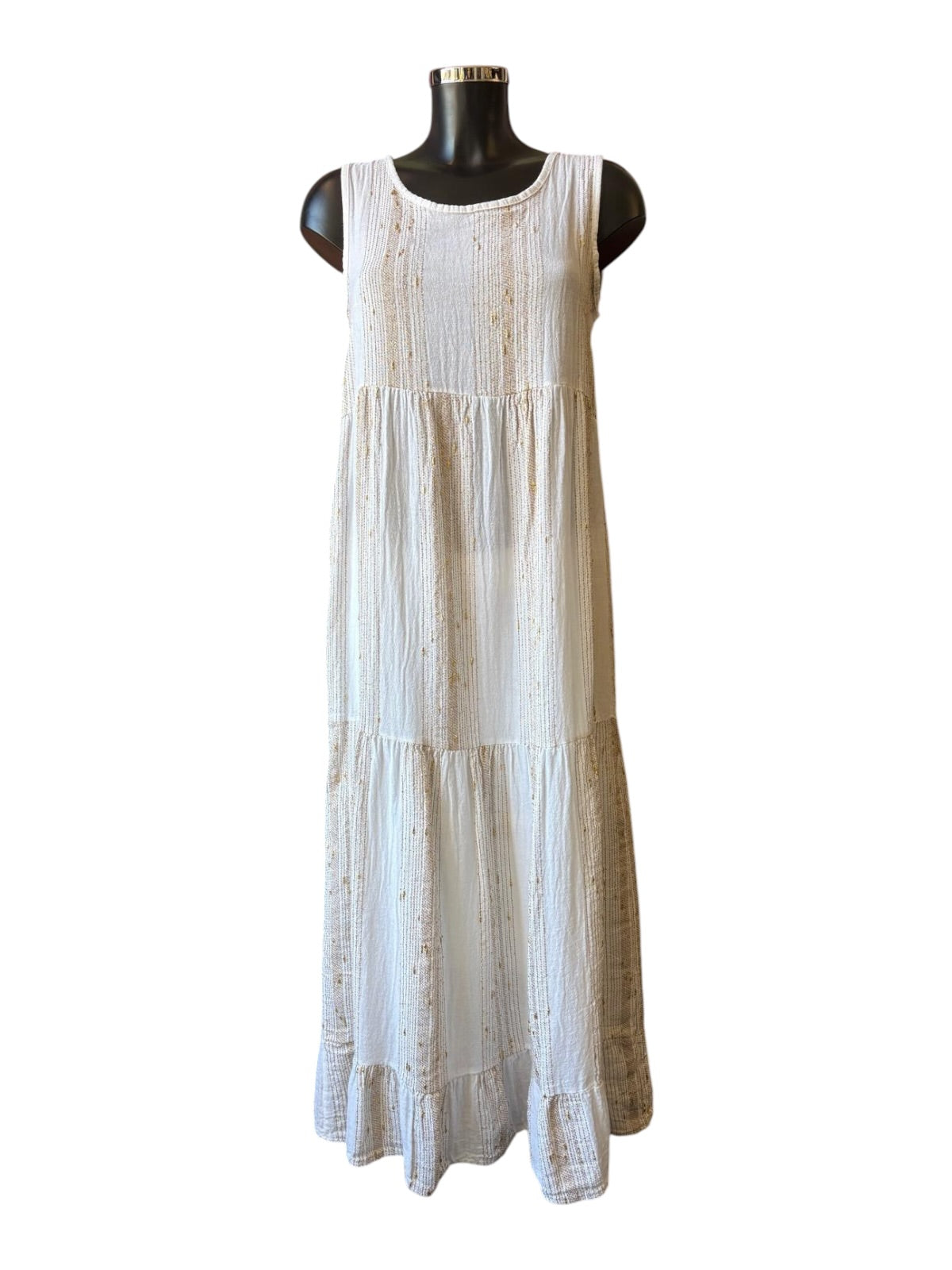 Caprice range linen and cotton gold thread tiered sleeveless dress