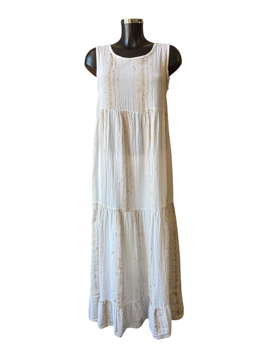 Caprice range linen and cotton gold thread tiered sleeveless dress