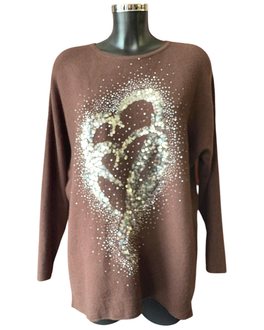 Veronica ribbed sparkle hearts jumper - Chocolate