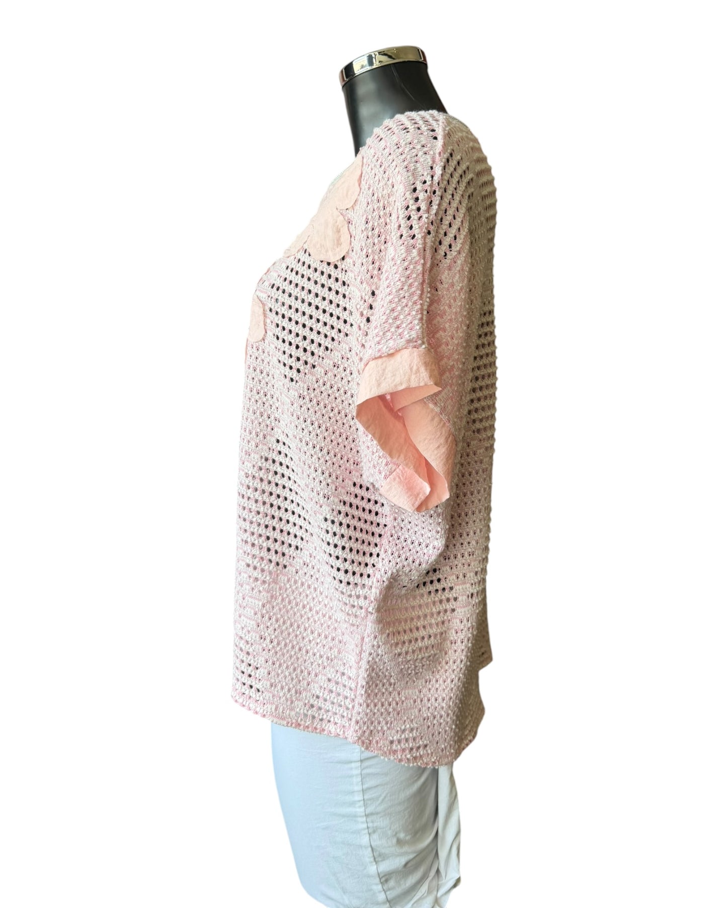Megan open knit applique flower knitted top - Pink