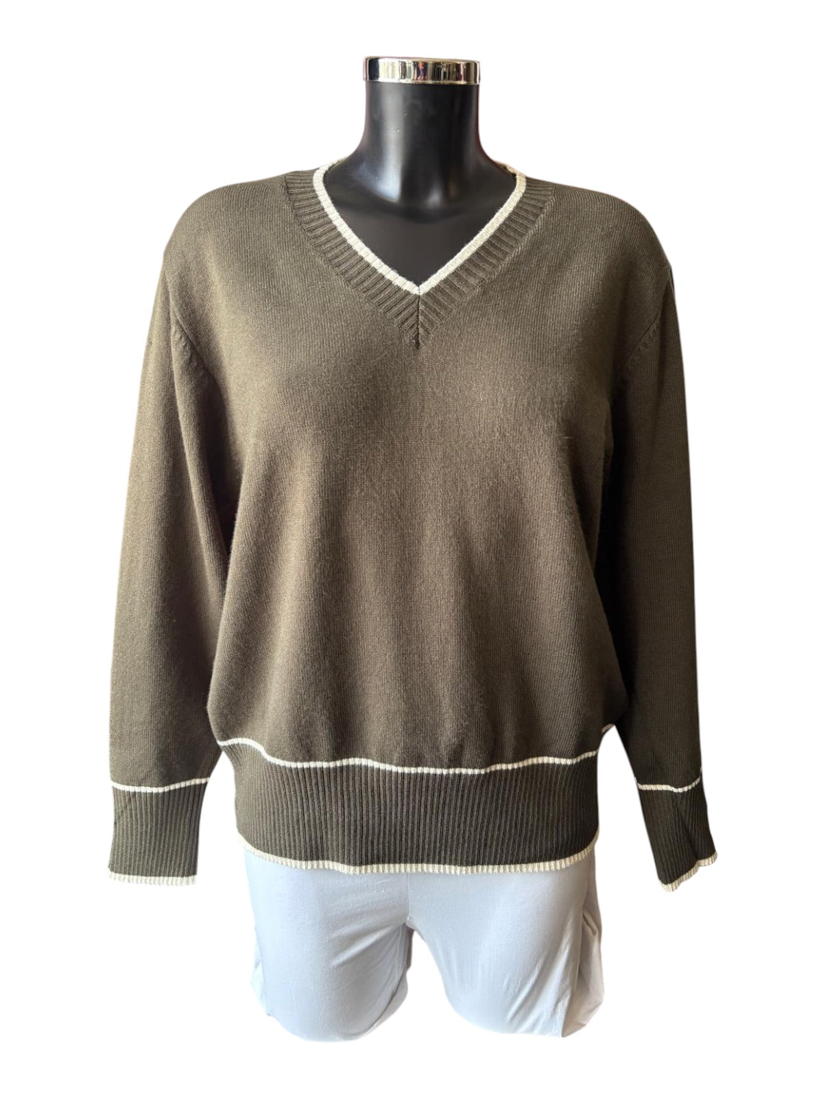 Morag contrast trim v neck jumper - Khaki