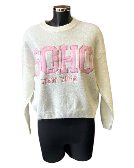 Soho slogan jumper in cream/pink