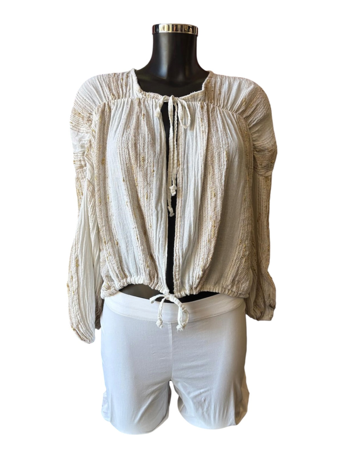 Caprice range linen and cotton gold thread tie front blouse