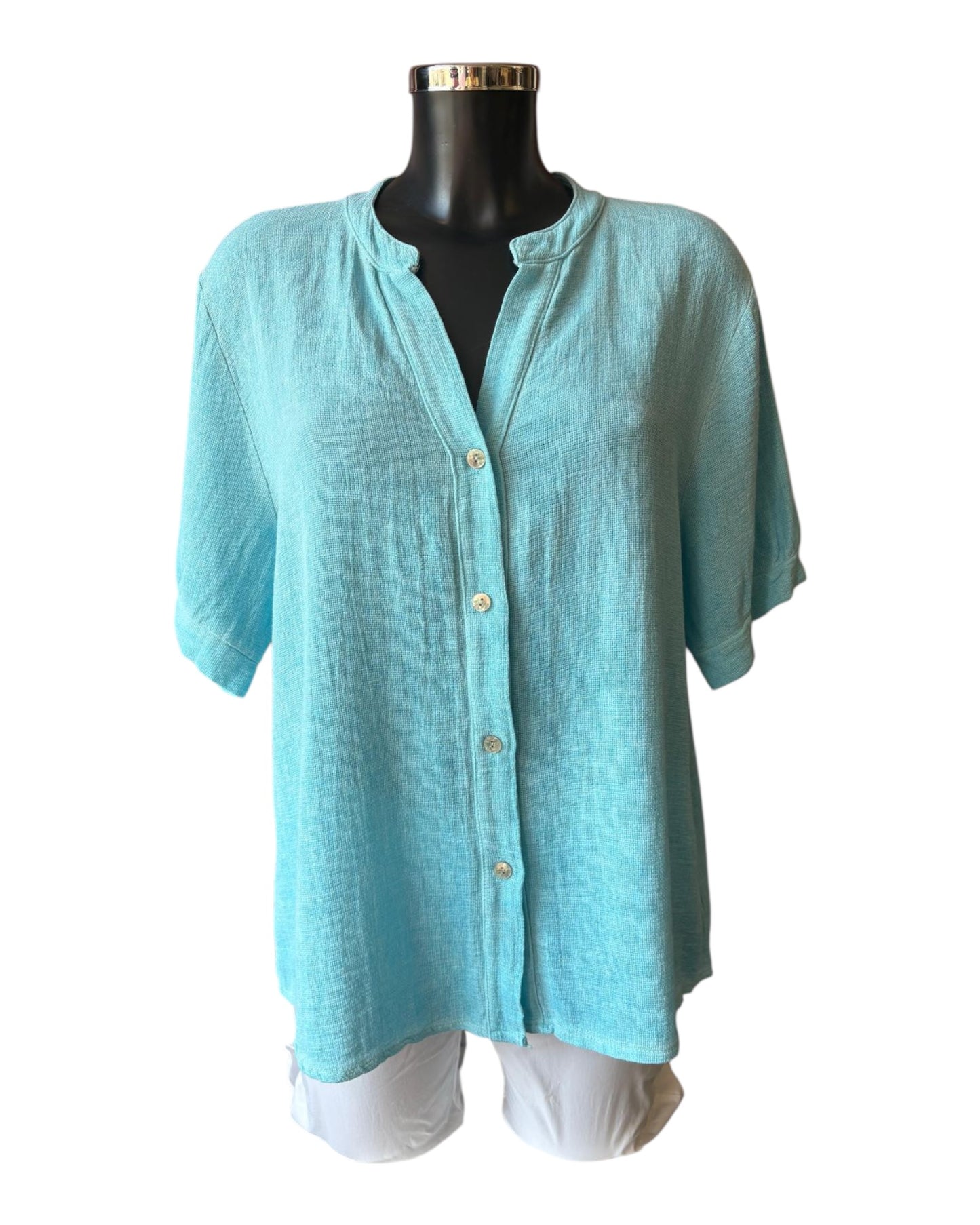 Casey range grandad neck button through top - Aqua