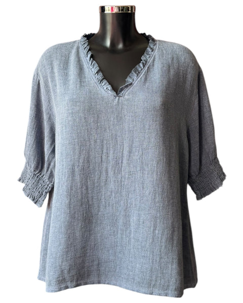 Casey range v neck shirred sleeve top - Navy