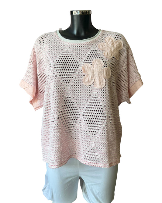 Megan open knit applique flower knitted top - Pink