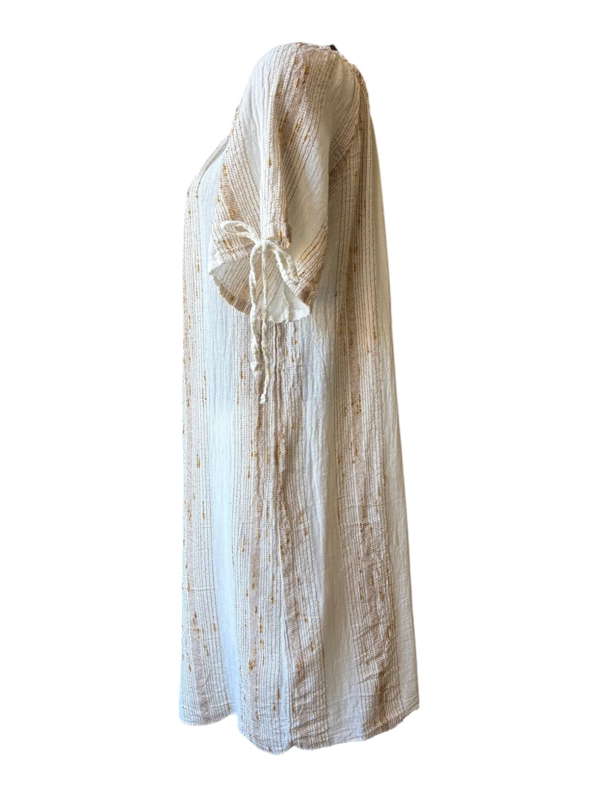 Caprice range linen and cotton gold thread off shoulder dress