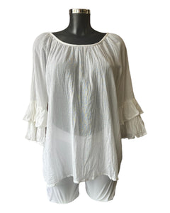 Orientique frill sleeve organic cotton top - White