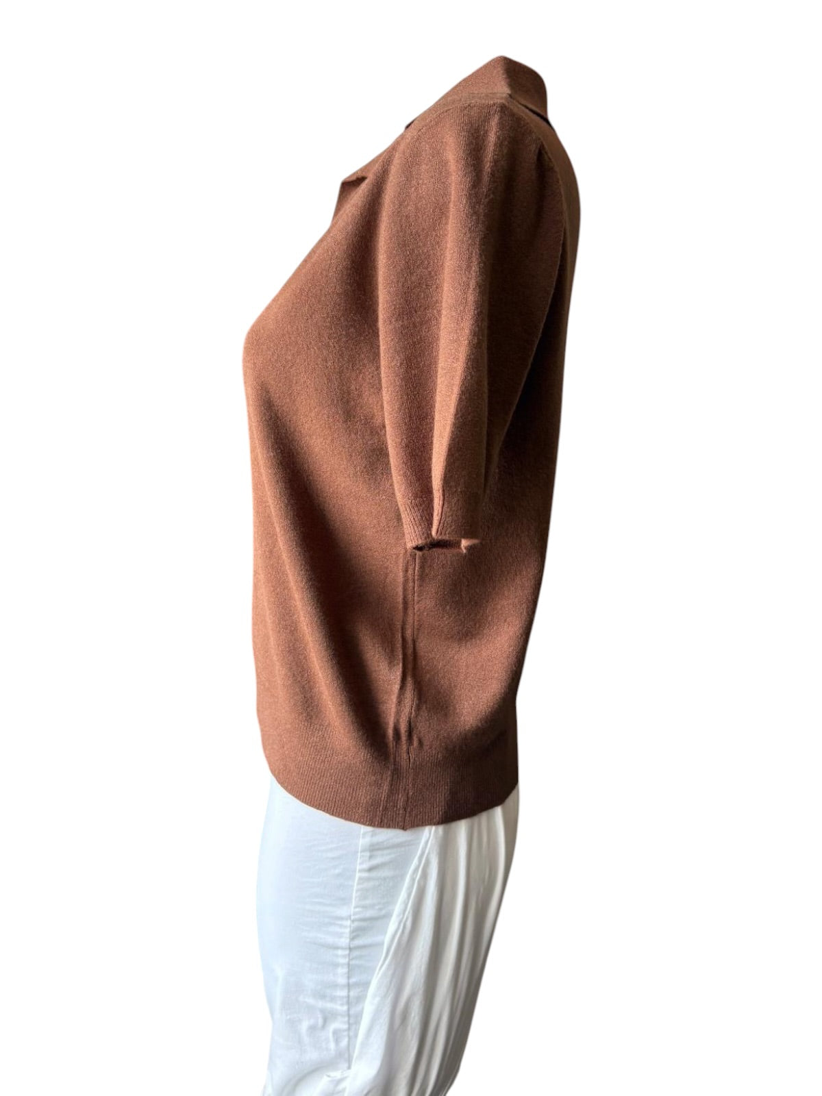 Carla fine knit short sleeve collared jumper - Chocolate