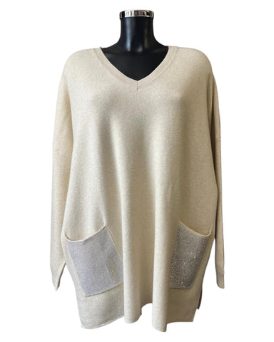 Alina v neck sparkle pocket jumper - Cream